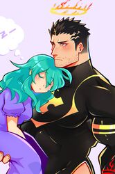  1boy bara black_bodysuit bodysuit carrying covered_abs facial_hair female halo highres hip_vent large_pectorals lisuchi maria_(housamo) mature_male muscular muscular_male pectoral_pillow pectorals short_hair sideburns sleeping sleeping_on_person spoken_zzz stubble tokyo_afterschool_summoners walking zabaniyya_(housamo) zzz 