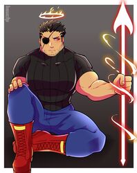  1boy alternate_costume arrow_(projectile) bara biceps black_bodysuit black_sweater blue_pants bodysuit denim energy_arrow eyepatch facial_hair fire flaming_halo full_body halo highres holding holding_arrow jeans large_pectorals lisuchi male_focus mature_male muscular muscular_male pants pectorals short_hair sideburns sitting solo stubble sweater tokyo_afterschool_summoners zabaniyya_(housamo) 