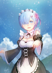  blue_eyes blue_hair breasts bryanth detached_sleeves female hair_ornament hair_over_one_eye highres looking_at_viewer maid open_mouth re:zero_kara_hajimeru_isekai_seikatsu rem_(re:zero) roswaal_mansion_maid_uniform short_hair smile solo x_hair_ornament 