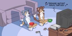  2:1 80&#039;s_theme anthro australian_shepherd barefoot belly bent_arm bent_legs black_nose blue_body blue_eyes blue_fur blue_merle bowl bowl_in_lap brother_(lore) brother_and_sister_(lore) brown_body brown_eyes brown_fur cable canid canine canis casual_nudity cereal container container_in_lap controller controller_on_ground cord crossed_legs crt domestic_dog duo electronics english_text extended_arm feet female floppy_ears fluffy fluffy_tail food fur furniture game_console game_controller gesture hands_between_legs happy herding_dog humanoid_hands inside kade_(savestate) kitchen_utensils male mammal mouth_hold multicolored_body multicolored_fur nes_console nes_controller nicole_(savestate) nintendo nintendo_console nintendo_controller nintendo_entertainment_system nude object_in_lap object_in_mouth pastoral_dog paws red_merle retro_console retro_controller rf_adapter_switch savestate sheepdog sibling_(lore) sister_(lore) sitting sitting_on_ground slim smile social_nudity sofa spots tail tail_gesture tail_motion tailwag tan_body tan_fur teenage_mutant_ninja_turtles television text tim_weeks tools utensil_in_mouth watching_tv white_belly white_body white_fur wired_controller young young_anthro 