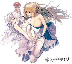  1boy 2girls 3d_glasses bare_shoulders black_dress blonde_hair bowsette bracelet breasts brown_eyes cleavage commentary_request dress eye_contact facial_hair frilled_dress frills gloves grey_eyes grey_hair gyudong123 hand_under_clothes hand_under_dress hat heterochromatic_eyewear horns jewelry large_breasts long_hair looking_at_another luigi&#039;s_mansion mario mario_(series) moustache multiple_girls new_super_mario_bros._u_deluxe princess_king_boo red_hat sharp_teeth shirt shorts_under_dress simple_background skirt_hold spiked_bracelet spikes teeth thighhighs twitter_username very_long_hair white_dress white_gloves white_hair white_thighhighs yuri 