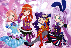  4girls :d ;d absurdres ageha_mia ahoge animal_ears ayase_naru blue_hair brown_eyes crossover dress flower gloves green_eyes happy hara_shouji harune_aira high_heels highres kawashima_takashi long_hair manaka_laala matsuura_mai multiple_girls official_art one_eye_closed open_mouth pantyhose pink_hair pretty_rhythm pretty_rhythm_aurora_dream pretty_rhythm_dear_my_future pretty_rhythm_rainbow_live pretty_series pripara purple_eyes purple_hair rabbit_ears red_eyes red_hair saitou_rie scan short_hair smile twintails 