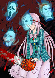  blood blood_on_weapon blue_fire bow bowtie chainsaw circle commentary_request cosplay cowboy_shot cross empty_eyes expressionless female fire floating friday_the_13th ghostface green_jacket halloween_(movie) hata_no_kokoro highres holding holding_weapon hollow_eyes jacket jason_voorhees jason_voorhees_(cosplay) jigsaw_(character) kijiwu long_hair long_sleeves looking_at_viewer mask michael_myers no_pupils parody photoshop_(medium) pink_bow pink_bowtie pink_eyes pink_hair pink_skirt plaid plaid_jacket plaid_shirt saw saw_(movie) scream_(movie) shirt skirt star_(symbol) touhou triangle weapon 