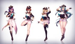  4girls absurdres adapted_costume alkaloid_(ensemble_stars!) alternate_hair_length alternate_hairstyle amagi_hiiro aqua_nails ayase_mayoi breasts bust_chart ensemble_stars! full_body genderswap_(mtf) highres huge_breasts idol_clothes kazehaya_tatsumi legs multiple_girls naganegi nail_polish reflective_floor rule_63 shiratori_aira_(ensemble_stars!) shorts side-by-side skirt vignetting white_background white_shorts white_skirt 