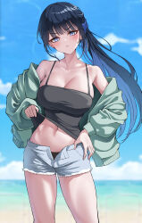  absurdres alternate_costume aqua_jacket bare_shoulders beach black_camisole black_hair blue_archive blue_hair blue_sky blurry blurry_background blush breasts camisole camisole_lift cleavage clothes_lift cloud colored_inner_hair cutoffs denim denim_shorts female hand_on_own_hip highres jacket large_breasts lds_(dstwins97) long_hair looking_at_viewer multicolored_hair navel off_shoulder official_alternate_costume saori_(blue_archive) saori_(swimsuit)_(blue_archive) shore shorts sidelocks sky solo sweatdrop unfinished water 