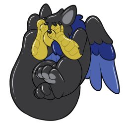  4_toes animate_inanimate avian black_body feathered_wings feathers feet feral gryphon inflatable living_inflatable mythological_avian mythological_creature mythology solo symrea telegram_sticker toes wings 