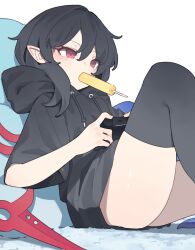  black_hoodie black_thighhighs controller eating female food game_controller garasuno highres holding holding_controller holding_game_controller hood hoodie houjuu_nue ice_cream medium_hair mouth_hold pointy_ears red_eyes short_sleeves simple_background single_sidelock sitting solo thighhighs touhou white_background 