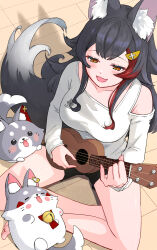  :3 animal_ear_fluff animal_ears bell black_hair black_shorts blush breasts commentary_request female from_above hair_ornament highres hololive instrument medium_breasts mia960 miofa_(ookami_mio) multicolored_hair music oerba_yun_fang ookami_mio ookami_mio_(casual) open_mouth playing_instrument red_hair shirt shorts sitting sitting_on_food skin_fang streaked_hair tail ukulele virtual_youtuber white_shirt wolf_ears wolf_girl wolf_tail 