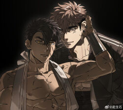  2boys abs absurdres bannriishi bara black_hair character_request couple doudanuki_masakuni hand_on_another&#039;s_head highres looking_at_viewer male_focus medium_sideburns multiple_boys multiple_scars nipples parted_lips sanpaku scar short_hair thick_eyebrows toned toned_male touken_ranbu upper_body yaoi yellow_eyes 