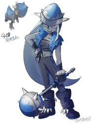  artist_name blue_vest boots bracelet colored_skin cranidos female full_body grey_footwear grey_hair grey_helmet grey_pants grey_shirt grey_skin hand_on_own_hip helmet highres holding holding_mace holding_weapon jewelry korean_commentary long_hair looking_at_viewer mace midriff navel open_clothes open_mouth open_vest pants personification pokemon pokemon_(creature) red_eyes reference_inset shirt signature simple_background spiked_bracelet spiked_mace spikes standing tamtamdi translated very_long_hair vest weapon white_background 