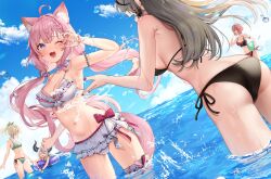  5girls :3 ahoge animal_ear_fluff animal_ears arm_strap armlet ass back backboob ball bare_shoulders bikini black_bikini black_hair black_hairband black_horns black_wristband blonde_hair blue_eyes blue_sky blush bow braid breasts choker closed_eyes cloud cloudy_sky collarbone day dutch_angle fingernails frilled_bikini frilled_choker frills from_behind green_bikini green_ribbons grey_hair hair_ornament hair_ribbon hair_scrunchie hair_wings hairband hakui_koyori hakui_koyori_(summer) halterneck heart heart_hair_ornament highres holding holding_ball hololive holox horns innertube jewelry kazama_iroha kokoro_(hakui_koyori) la+_darknesss large_breasts long_hair looking_ahead looking_at_another medium_hair multicolored_hair multiple_girls nail_polish navel nose oerba_yun_fang one_eye_closed open_mouth outdoors pink_bow pink_choker pink_hair pink_nails pink_ribbon pink_track_suit ponytail purple_eyes purple_hair purple_innertube red_bikini red_nails red_ribbon ribbon sakamata_chloe scrunchie side-tie_bikini_bottom skin_fang sky smile splashing stomach streaked_hair striped_horns swim_ring swimsuit tail takane_lui thigh_strap thighs tongue twintails two-tone_choker two-tone_hair usushio virtual_youtuber wading water water_drop white_bikini white_choker white_scrunchie wing_hair_ornament wolf_ears wolf_girl wolf_tail wrist_ribbon 