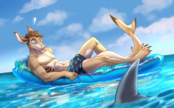  anthro biped brown_hair claws clothed clothing cloud exclamation_point fish freckles_on_shoulders hair hi_res inflatable koul lemon_shark male marine matt_(sevsc) requiem_shark sea shark shark_fin shark_tail sky skyscape solo_focus surprised_expression swimming_trunks swimwear tail toe_claws topless topless_anthro topless_male water yellow_body yellow_eyes 