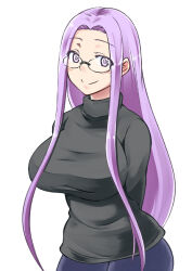  arms_behind_back blush breasts commentary_request duplicate fate/stay_night fate_(series) female glasses huge_breasts long_hair medusa_(fate) medusa_(rider)_(fate) official_alternate_costume painttool_sai_(medium) purple_eyes purple_hair rimless_eyewear simple_background smile solo sweater white_background zanku 