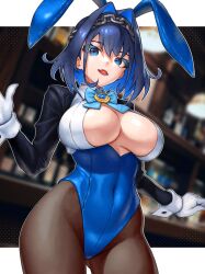  alcohol alternate_costume animal_ears bar_(place) black_hair black_jacket blue_bow blue_bowtie blue_eyes blue_hair blue_leotard blurry blurry_background blush bow bow_earrings bowtie breasts chain_headband chains choker cleavage collarbone depth_of_field detached_collar earrings fake_animal_ears fake_tail female gloves hair_between_eyes hair_intakes hair_ornament heart-shaped_gem highleg highleg_leotard highres holocouncil hololive hololive_english indoors jacket jewelry large_breasts leotard liquor long_sleeves looking_at_viewer multicolored_hair open_clothes open_jacket open_mouth ouro_kronii pantyhose playboy_bunny rabbit_ears rabbit_tail ribbon_earrings shirt short_hair skylock smile solo strapless strapless_leotard tail thighband_pantyhose thighs traditional_bowtie virtual_youtuber white_gloves white_shirt wrist_cuffs 