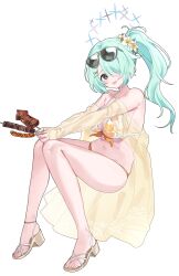  absurdres aqua_hair bikini blue_archive blush breasts cleavage commentary_request eyewear_on_head female floral_print flower food front-tie_bikini_top front-tie_top full_body grey_eyes hair_flower hair_ornament hair_over_one_eye hairclip halo high_side_ponytail highres hiyori_(blue_archive) hiyori_(swimsuit)_(blue_archive) holding holding_food ikayaki kameria526 knees_together_feet_apart large_breasts looking_at_viewer navel official_alternate_costume own_hands_together parted_lips sandals sausage see-through side_ponytail sideboob simple_background solo sunglasses swimsuit white_background 