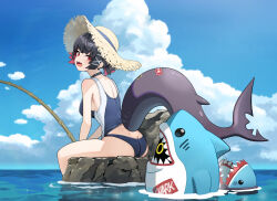  ass back bangboo_(zenless_zone_zero) black_choker black_hair blue_one-piece_swimsuit breasts choker colored_inner_hair ellen_joe female fins fish_tail fishing fishing_rod from_behind hair_ornament hairclip hat highres holding holding_fishing_rod looking_back mole mole_under_eye multicolored_hair one-piece_swimsuit open_mouth pink_hair red_eyes rock shark_girl shark_tail sharkboo_(zenless_zone_zero) sharp_teeth short_hair sitting sitting_on_rock sky solo straw_hat swimsuit tail tail_through_clothes teeth two-tone_hair two-tone_swimsuit water wellsy zenless_zone_zero 