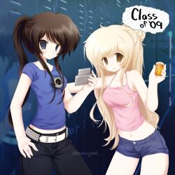  2000s_(style) 2girls belt black_hair blonde_hair breasts cellphone class_of_09 commentary copyright_name derivative_work emo_fashion english_commentary hair_bun hand_on_own_hip highres holding holding_phone jecka_(class_of_09) jelly_(bonnybel) locker long_hair medium_breasts midriff multiple_girls navel nicole_(class_of_09) phone pill pink_tank_top ponytail scene_fashion sidelocks single_hair_bun small_breasts standing tank_top very_long_hair watermark 