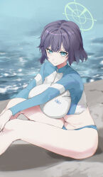  absurdres bikini bikini_bottom_only blue_archive blue_bikini blue_eyes blue_hair blue_jacket bondtanuki breasts closed_mouth commentary_request female halo highres jacket knees_up large_breasts long_sleeves looking_at_viewer multicolored_clothes multicolored_jacket navel ocean official_alternate_costume outdoors raglan_sleeves rash_guard saki_(blue_archive) saki_(swimsuit)_(blue_archive) short_hair sitting smile solo stomach swimsuit two-tone_jacket white_jacket yellow_halo 