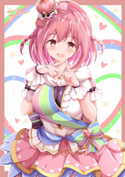  :d blush border braid breasts brown_border brown_eyes center_frills commentary_request crown dated female frills hair_between_eyes happy_birthday heart highres hoshizaki_akari large_breasts looking_at_viewer mini_crown ongeki outline pink_hair pink_skirt puffy_short_sleeves puffy_sleeves shirt short_sleeves skirt smile solo tilted_headwear twin_braids white_outline white_shirt wrist_cuffs xenon_(for_achieve) 