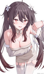  absurdres alternate_costume arm_under_breasts armpit_crease blush breasts brown_hair brown_nails cleavage collarbone detached_sleeves dress duplicate female flower-shaped_pupils g-string genshin_impact grey_dress highres holding holding_clothes holding_panties holding_underwear hu_tao_(genshin_impact) leaning_forward looking_at_viewer medium_breasts open_mouth panties pixel-perfect_duplicate red_eyes rosumerii solo strapless strapless_dress symbol-shaped_pupils teeth thighhighs thong twintails underwear upper_teeth_only white_panties white_thighhighs 