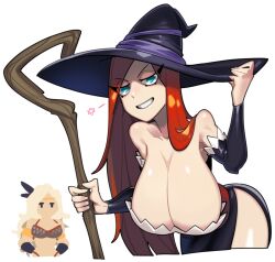  2girls amazon_(dragon&#039;s_crown) blue_eyes breasts cleavage collarbone cropped_legs detached_sleeves dragon&#039;s_crown eyelashes grin hat hexagram holding holding_staff large_breasts leaning_forward looking_at_viewer multiple_girls orange_hair sido_(slipknot) simple_background smile sorceress_(dragon&#039;s_crown) staff star_of_david white_background witch_hat 