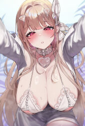  bikini blush breasts collar female goddess_of_victory:_nikke hair_ornament highres huge_breasts light_brown_hair long_hair long_sleeves looking_at_viewer pink_eyes shirt solo sweat swimsuit totorosu viper_(nikke) viper_(shine_of_love)_(nikke) white_bikini white_shirt 