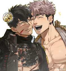  2boys ^_^ absurdres bannriishi bara bare_pectorals black_hair blood character_request cheek-to-cheek closed_eyes couple cuts doudanuki_masakuni facial_hair glint happy heads_together highres injury laughing male_focus multiple_boys pectorals sanpaku short_hair sideburns_stubble stubble touken_ranbu uneven_eyes upper_body yaoi yellow_eyes 