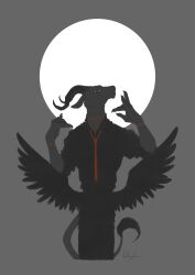  2022 2_horns absurd_res anthro athletic athletic_anthro athletic_male black_body black_dress_shirt black_feathers black_fur bovid caprine caprine_demon curved_horn demon feathered_wings feathers fur goat_demon hi_res horn male mammal moon necktie red_eyes red_necktie solo sub20211115 wings 