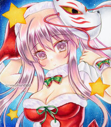  blue_background blush bow bowtie breasts christmas cleavage closed_mouth commentary_request female fox_mask fur_trim gloves hat hata_no_kokoro holding holding_sack large_breasts long_hair looking_at_viewer marker_(medium) mask mask_on_head nekofish666 pink_hair red_gloves red_hat sack santa_costume santa_hat sidelocks solo touhou traditional_media twitter_username upper_body 