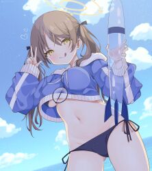  :p absurdres ass_visible_through_thighs between_breasts bikini bikini_under_clothes black_bikini blue_archive blue_sky breasts brown_hair cloud cropped_jacket day female glasses halo heart highres holding_rocket large_breasts looking_at_viewer moe_(blue_archive) moe_(swimsuit)_(blue_archive) navel no_eyewear outdoors rocket round_eyewear saekiya_sabou side-tie_bikini_bottom sky smile solo stomach swimsuit thighs tongue tongue_out twintails w yellow_eyes 