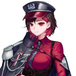  :3 big_breasts black_cap black_necktie black_tie black_uniform brown_hair color d-log ear_piercing earrings epaulettes female female_focus female_only game_cg hair_behind_ear hair_between_eyes high_collar jacket jacket_off_one_shoulder jacket_off_shoulders jacket_on_shoulders last_origin looking_at_viewer medal merlin_(last_origin) military_hat military_jacket military_uniform multicolored_hair necktie off_shoulder peaked_cap red_eyes red_hair red_shirt short_hair slit_pupils smile smiling smiling_at_viewer tie transparent_background unusual_pupils 