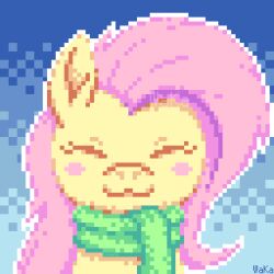  clothing digital_media_(artwork) equid equine female feral fluttershy_(mlp) friendship_is_magic fur hair hasbro horse low_res mammal my_little_pony mythological_creature mythological_equine mythology pegasus pink_hair pixel_(artwork) pony scarf smile solo waka wings yellow_body 