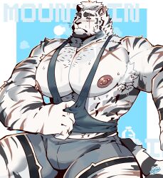  1boy absurdres alternate_pectoral_size animal_ears arknights armpit_hair armpits bara bare_pectorals bulge closed_eyes clothes_pull cowboy_shot furry furry_male graysheartart highres hot huge_pectorals male_focus mountain_(arknights) muscular muscular_male nipples pectorals scar scar_across_eye shirt_pull short_hair sitting solo sparse_chest_hair sweat thick_eyebrows thick_thighs thighs tiger_boy tiger_ears undersized_clothes unkempt white_hair 