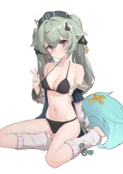  absurdres animal_ears bare_shoulders barefoot bikini black_bikini breasts cleavage closed_mouth coin_hair_ornament commentary_request corin_wickes cosplay female fox_ears fox_girl fox_tail full_body green_hair green_hat green_tail hair_ornament hand_up hasu_no_shiro hat highres honkai:_star_rail honkai_(series) huohuo_(honkai:_star_rail) huohuo_(honkai:_star_rail)_(cosplay) jacket leg_warmers long_hair long_sleeves looking_at_viewer navel off_shoulder open_clothes open_jacket purple_eyes simple_background sitting solo swimsuit tail tassel twintails v white_background white_leg_warmers yokozuwari zenless_zone_zero 