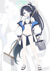  alternate_costume alternate_hairstyle aris_(blue_archive) bell_(oppore_coppore) bikini black_hair blue_archive blue_eyes blush breasts bucket collarbone commentary_request female full_body hair_ornament halo highres jacket long_hair looking_at_viewer maid_headdress mop navel ponytail sandals small_breasts solo standing swimsuit white_background 