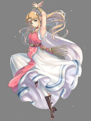  armpits arms_up blonde_hair blue_eyes blush boots bracelet commentary_request dress earrings female full_body gown grey_background haru_(nakajou-28) highres jewelry leg_up long_dress long_hair looking_at_viewer pants partial_commentary pointy_ears princess_zelda simple_background smile solo sweat the_legend_of_zelda the_legend_of_zelda:_a_link_between_worlds the_legend_of_zelda:_a_link_to_the_past triforce triforce_earrings white_dress wristband 