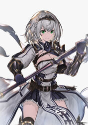  braid breasts cleavage female fingerless_gloves frilled_skirt frills gauntlets gloves granblue_fantasy_(style) green_eyes grey_hair highres hololive jun_wei large_breasts medium_hair parody pelvic_curtain pleated_skirt shirogane_noel shirogane_noel_(1st_costume) skirt solo style_parody virtual_youtuber war_hammer wavy_hair weapon 