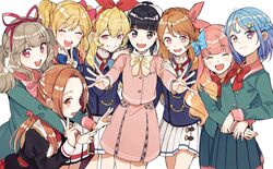  6+girls aikatsu! aikatsu!_(series) aikatsu_friends! aikatsu_on_parade! aikatsu_planet! black_hair blonde_hair blue_bow blue_hair blue_skirt bow brown_eyes brown_hair closed_eyes dream_academy_school_uniform green_hair hair_ornament highres hoshimiya_ichigo kiseki_raki kurodeko long_hair looking_at_viewer minato_mio multicolored_hair multiple_girls nijino_yume open_mouth otoha_mao otoshiro_noel ozora_akari pink_shirt pink_skirt purple_eyes school_uniform seirei_private_high_school_uniform shirt short_hair simple_background skirt star_(symbol) star_hair_ornament star_harmony_academy_school_uniform starlight_academy_school_uniform teeth twintails two-tone_hair upper_teeth_only white_background white_skirt yotsuboshi_academy_school_uniform yuki_aine 