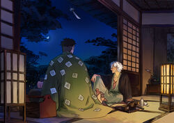  2boys andon_(lighting) architecture arm_at_side arm_support black_coat black_hair box choko_(cup) coat coat_on_shoulders cup east_asian_architecture facing_to_the_side fireflies from_behind green_coat grey_kimono haori himejima_gyoumei holding holding_cup indoors japanese_clothes kimetsu_no_yaiba kimono knee_up lantern long_sleeves looking_away looking_to_the_side male_focus moon multiple_boys multiple_scars night night_sky on_floor open_door outstretched_arm profile qu4ntums0d4 scar scar_on_chest scar_on_leg shinazugawa_sanemi short_hair shouji side_handle_teapot sky sliding_doors smile summer talisman tatami teacup teapot tokkuri tray tree undercut vase white_hair wind wind_chime yunomi 