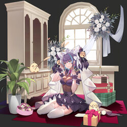  alternate_costume animal_band animal_ears arm_garter azur_lane bell box box_of_chocolates breasts bubble1995 cake cheshire_(azur_lane) chocolate cleavage dress fake_animal_ears flower food frilled_dress frilled_ribbon frills garter_straps gift hand_up highres knitting manjuu_(azur_lane) multicolored_hair plant potted_plant ribbon see-through see-through_cleavage seiza short_hair sitting streaked_hair thighhighs two-tone_hair veil white_thighhighs 