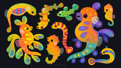  animal animal_focus artist_name black_background black_eyes closed_mouth eel fish green_eyes heart leafy_seadragon no_humans open_mouth orange_eyes original pikaole pink_eyes seahorse simple_background smile spots 