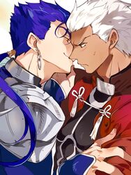  2boys archer_(fate) armor blue_hair blush brown_eyes cu_chulainn_(fate) cu_chulainn_(fate/stay_night) dark-skinned_male dark_skin earrings fate/stay_night fate_(series) imminent_kiss inzup jewelry long_hair male_focus multiple_boys pauldrons ponytail profile red_eyes shoulder_armor smirk sweat white_hair yaoi 