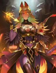  artist_name black_footwear black_gloves black_skirt boots bow_(weapon) breasts cleavage commentary dark_skin female fire fire_emblem fire_emblem_heroes gloves green_hair holding holding_bow_(weapon) holding_weapon laegjarn_(fire_emblem) laegjarn_(flame_ascendant)_(fire_emblem) large_breasts looking_at_viewer meziosaur navel official_alternate_costume red_eyes skirt weapon 