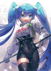  :d black_bodysuit black_gloves black_thighhighs blue_eyes blue_hair bodysuit clothes_writing commentary covered_navel cowboy_shot crop_top crop_top_overhang cropped_jacket female gloves goodsmile_racing gradient_background grey_background hair_between_eyes hand_on_own_hip hatsune_miku highres holding holding_staff kozou_kazaru light_particles long_hair long_sleeves looking_at_viewer open_mouth racing_miku racing_miku_(2022) see-through single_thighhigh skin_tight skindentation smile solo staff thighhighs twintails v-shaped_eyebrows very_long_hair vocaloid 