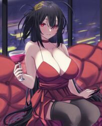  ahoge azur_lane black_garter_straps black_hair black_thighhighs breasts choker cleavage cocktail_dress commentary couch cup dress drinking_glass evening_gown female garter_straps hair_between_eyes hair_ornament highres holding holding_cup huge_breasts indoors light_smile long_hair looking_at_viewer official_alternate_costume on_couch red_choker red_dress red_eyes ref_(pmxt4483) sitting sleeveless sleeveless_dress solo taihou_(azur_lane) taihou_(forbidden_feast)_(azur_lane) thighhighs very_long_hair window 