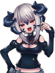  2b_(nier:automata) 2b_(nier:automata)_(cosplay) au_ra bare_shoulders black_nails blush breasts cleavage cleavage_cutout clothing_cutout cosplay cropped female final_fantasy final_fantasy_xiv fingernails grey_hair horns inuue_kiyu long_fingernails long_hair looking_at_viewer multiple_horns nier:automata nier_(series) open_mouth red_eyes see-through sharp_fingernails sharp_teeth simple_background solo teeth tongue upper_teeth_only warrior_of_light_(ff14) white_background 