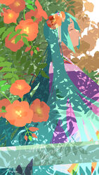  absurdres blue_hair closed_eyes closed_mouth colored_skin commentary dappled_sunlight english_text female flat_color flower from_side hair_flower hair_ornament happy_birthday hatsune_miku highres japanese_clothes kimono leaf long_hair nico-tine orange_flower profile purple_kimono shade signature smile solo sunlight trumpet_creeper twintails vocaloid 