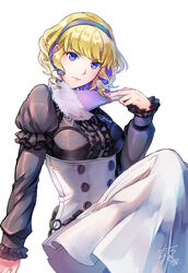  artist_name blonde_hair colored_inner_hair commentary_request constance_von_nuvelle drill_hair female fire_emblem fire_emblem:_three_houses fur_trim hairband hand_fan high-waist_skirt highres multicolored_hair purple_eyes purple_hair sitting skirt solo tarayuki twin_drills two-tone_hair white_background 