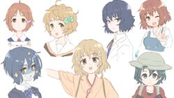  6+girls black_gloves black_hair black_jacket blazer blue_dress blue_eyes brown_eyes brown_hair brown_kimono brown_shirt collared_shirt commentary_request cropped_torso crossover dress flower gloves grey_headwear hair_flower hair_ornament hanasaku_iroha helmet hibike!_euphonium inokuma_youko jacket japanese_clothes kaban_(kemono_friends) kawashima_sapphire kemono_friends kimono kin-iro_mosaic lab_coat looking_at_viewer makino_kanna matsumae_ohana mizuno_ai moegi_high_school_uniform multiple_crossover multiple_girls nakai_(waitress) nunotaba_shinobu open_clothes open_jacket open_shirt red_eyes red_shirt school_uniform serafuku shirt short_hair short_sleeves simple_background sleeveless sleeveless_dress tamako_market tasuki toaru_kagaku_no_railgun toaru_kagaku_no_railgun_s toaru_majutsu_no_index umiroku upper_body white_background white_flower white_shirt wide_sleeves zombie_land_saga 