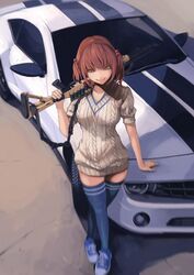  aran_sweater blue_thighhighs cable_knit car chevrolet chevrolet_camaro closed_mouth commentary_request crossed_legs dress female gun gun_sling hair_bobbles hair_ornament koh_(minagi_kou) looking_at_viewer mossberg_500 motor_vehicle muscle_car orange_eyes original outdoors over_shoulder paint.net_(medium) pump_action red_hair revision shoes short_hair shotgun shotgun_shell smile sneakers solo standing sweater sweater_dress thighhighs vehicle_focus weapon weapon_over_shoulder 